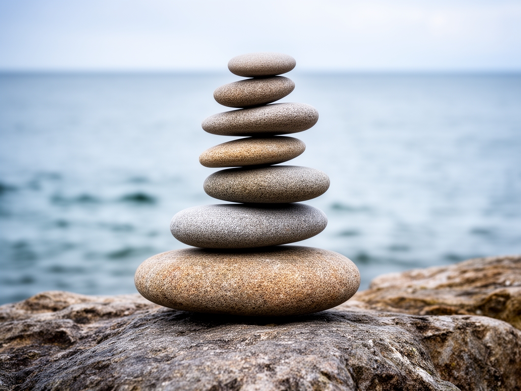 Pierres empilées en équilibre au bord d'un ruisseau de montagne entre des rochers couverts de mousse, eau claire et transparente reflétant la lumière du ciel
