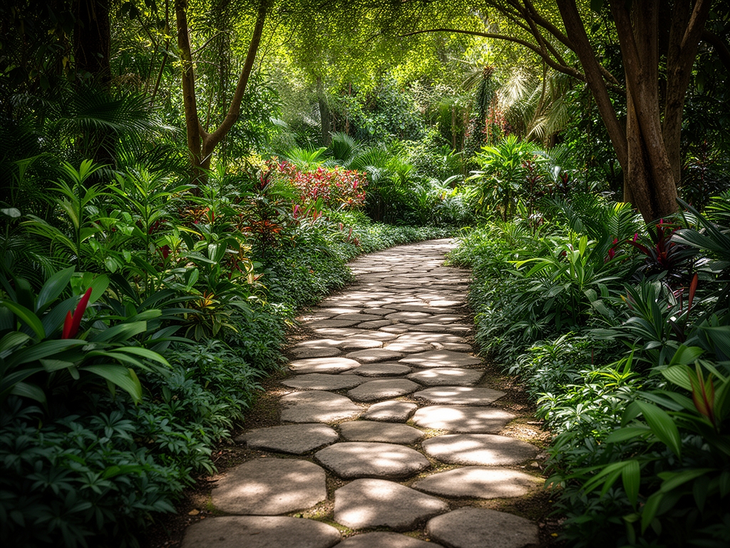 Sentier en pierre naturelle traversant un jardin botanique luxuriant avec des plantes variées de chaque côté, lumière filtrée par les arbres créant des taches lumineuses sur le sol