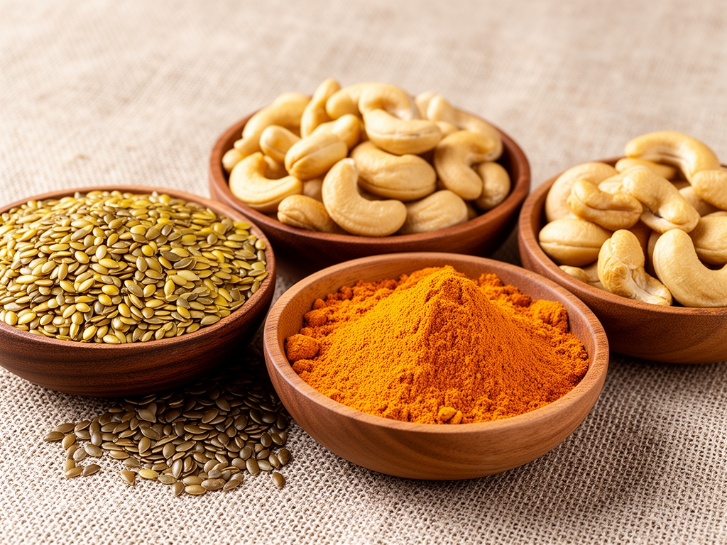 Sélection de graines, noix et épices naturelles — graines de lin dorées, noix de cajou, curcuma en poudre — disposées dans de petits bols en bois sur fond de lin naturel