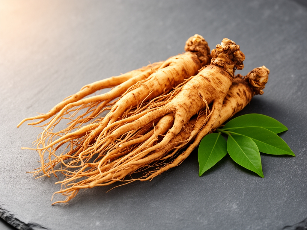 Racines de ginseng séchées et entières posées sur une surface en ardoise grise, avec quelques feuilles vertes fraîches à côté, éclairage naturel chaud